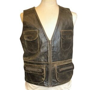 Contempo Casuals Leather Brown Rustic Leather Large Zipper Biker Halloween Vest
